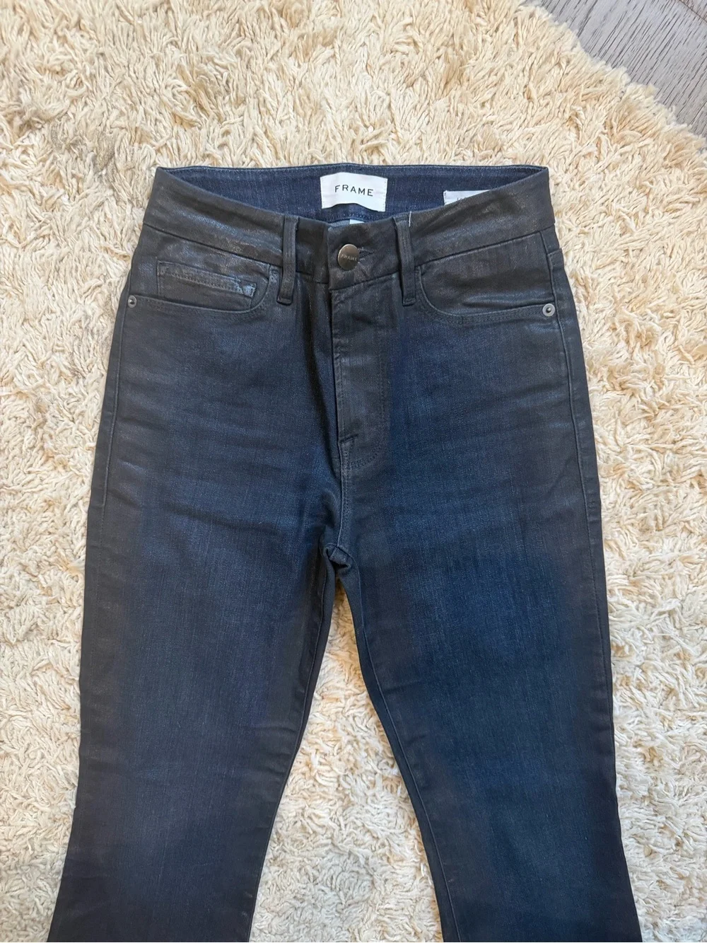 FRAME Le Crop Mini Boot Coated Jeans Epicure Dark Indigo Waxed Denim - Picture 3 of 8